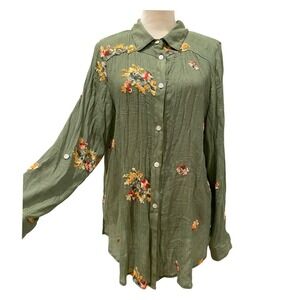 Fig & Flower Womens Green Floral Embroidered Peasant Boho Button-Up Shirt XL
